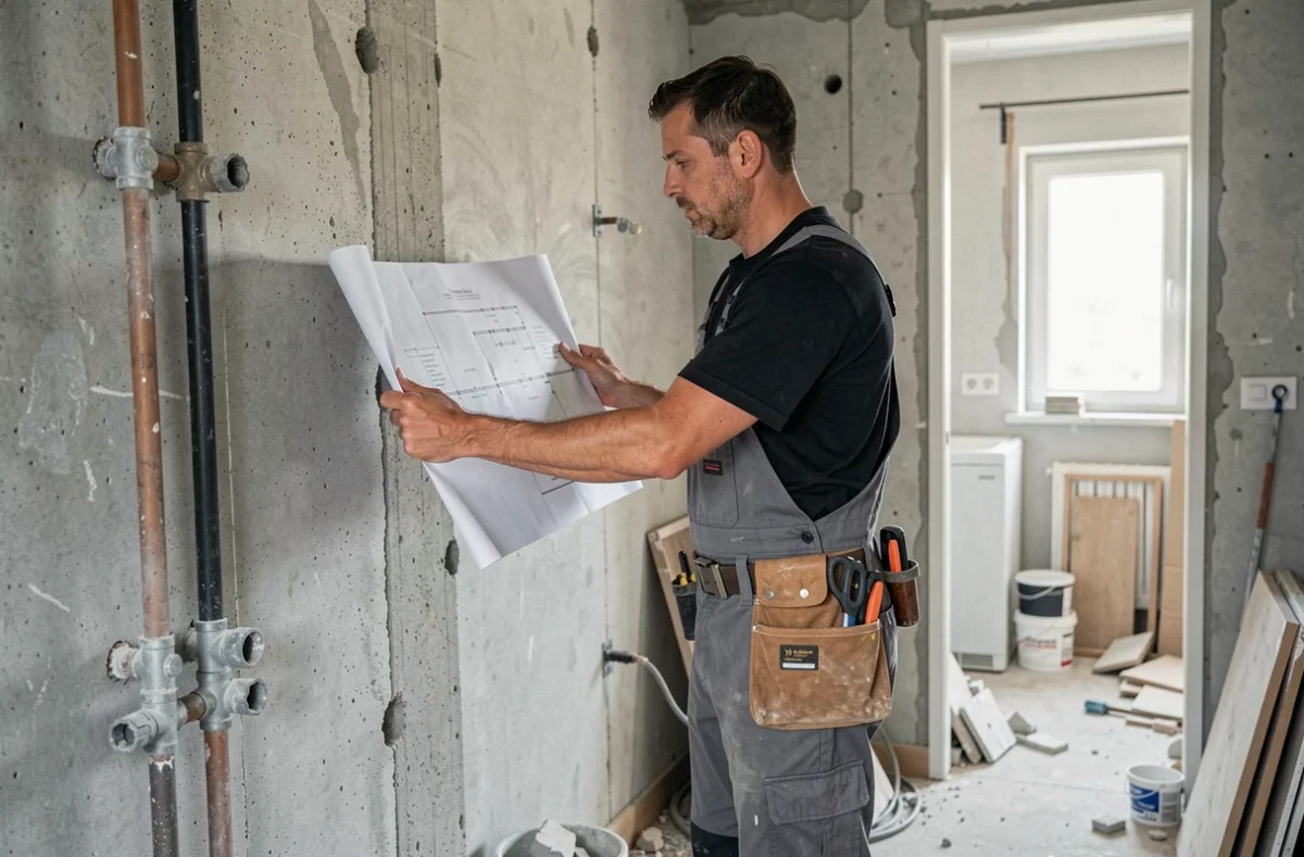 Un plombier-rénovateur d'A2M Rénovation consultant des plans dans une salle de bain entièrement déconstruite avec béton apparent et canalisations brutes