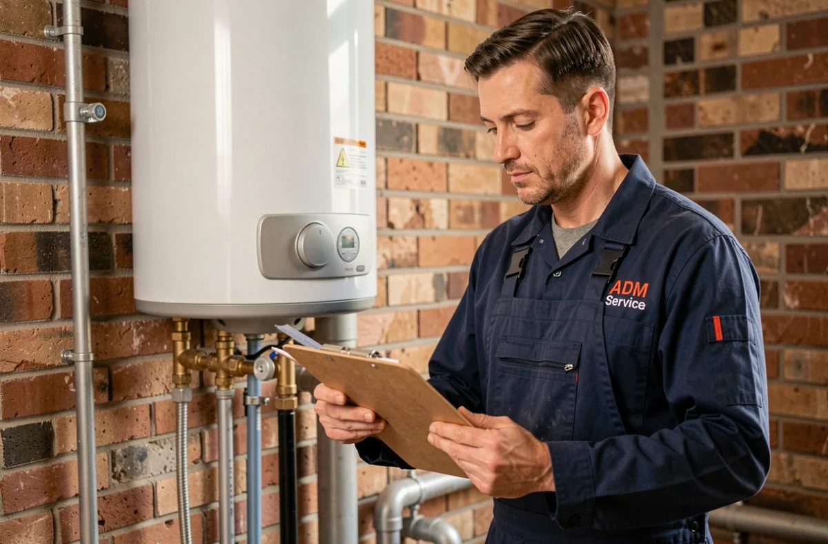 Un technicien d'ADM Service inspectant un chauffe-eau dans une salle technique avec des murs en brique