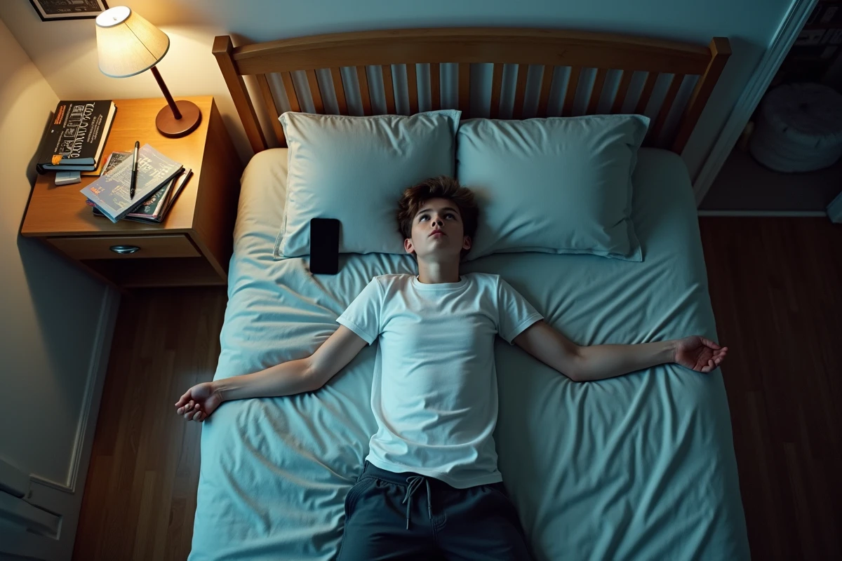 Adolescent allongé sur son lit les bras en croix, regardant le plafond avec une expression d'ennui profond dans sa chambre