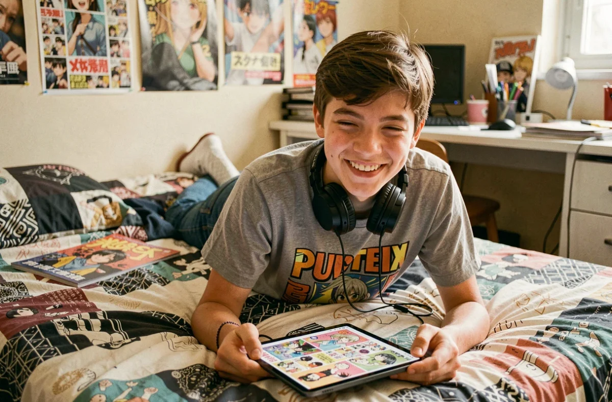 Adolescent lisant des mangas sur une tablette numérique allongé sur son lit dans une chambre décorée de posters manga