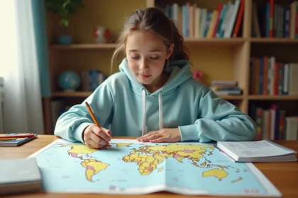 Adolescente dessinant les frontières sur une carte du monde vierge posée sur un bureau en bois, entourée de crayons de couleur et d'un manuel de géographie