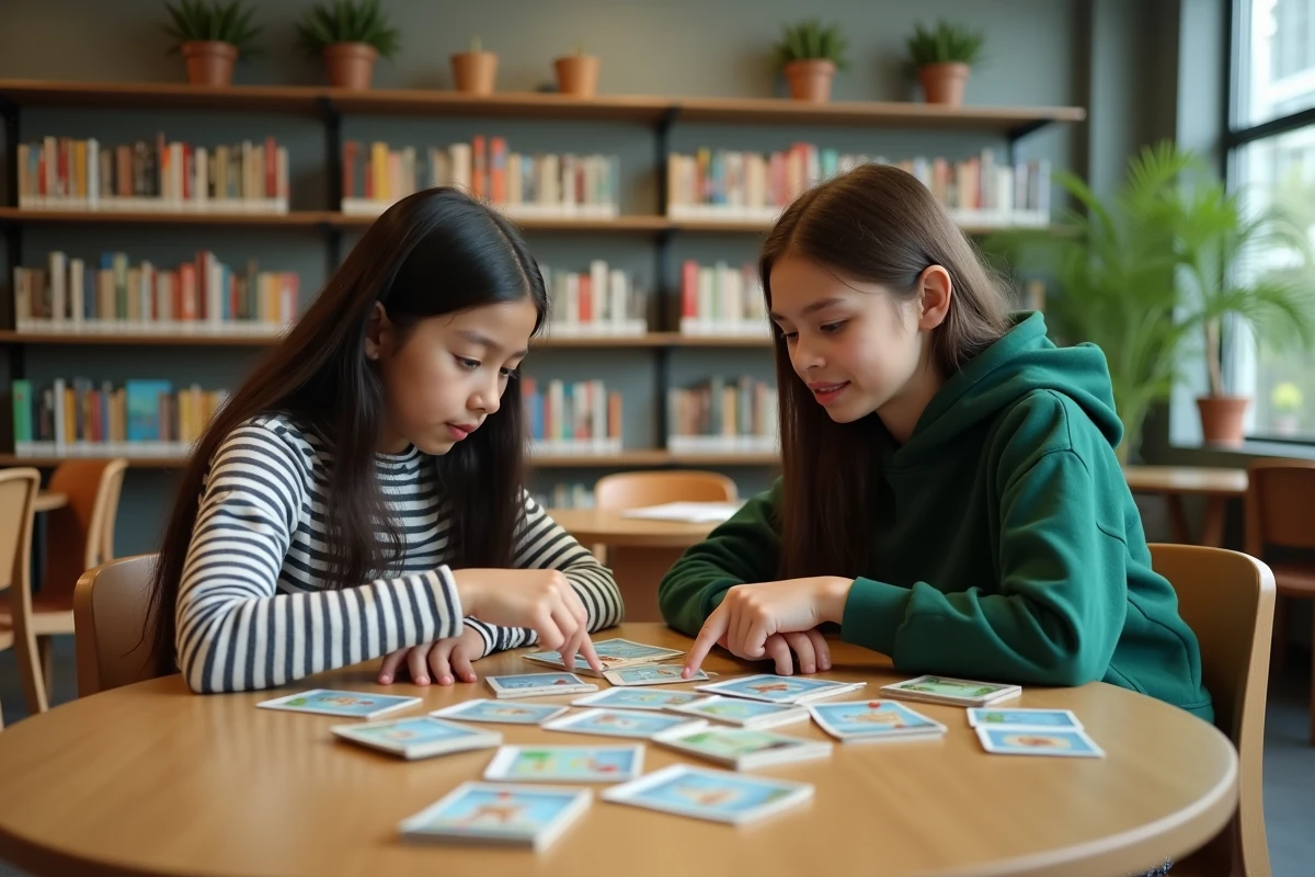 Deux adolescentes jouant à un jeu de cartes éducatif dans une bibliothèque scolaire moderne