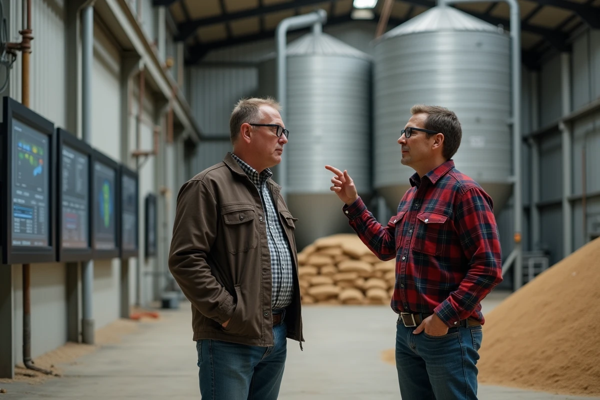 Deux agriculteurs discutant des prévisions de rendement devant des silos de stockage de céréales dans une coopérative agricole moderne