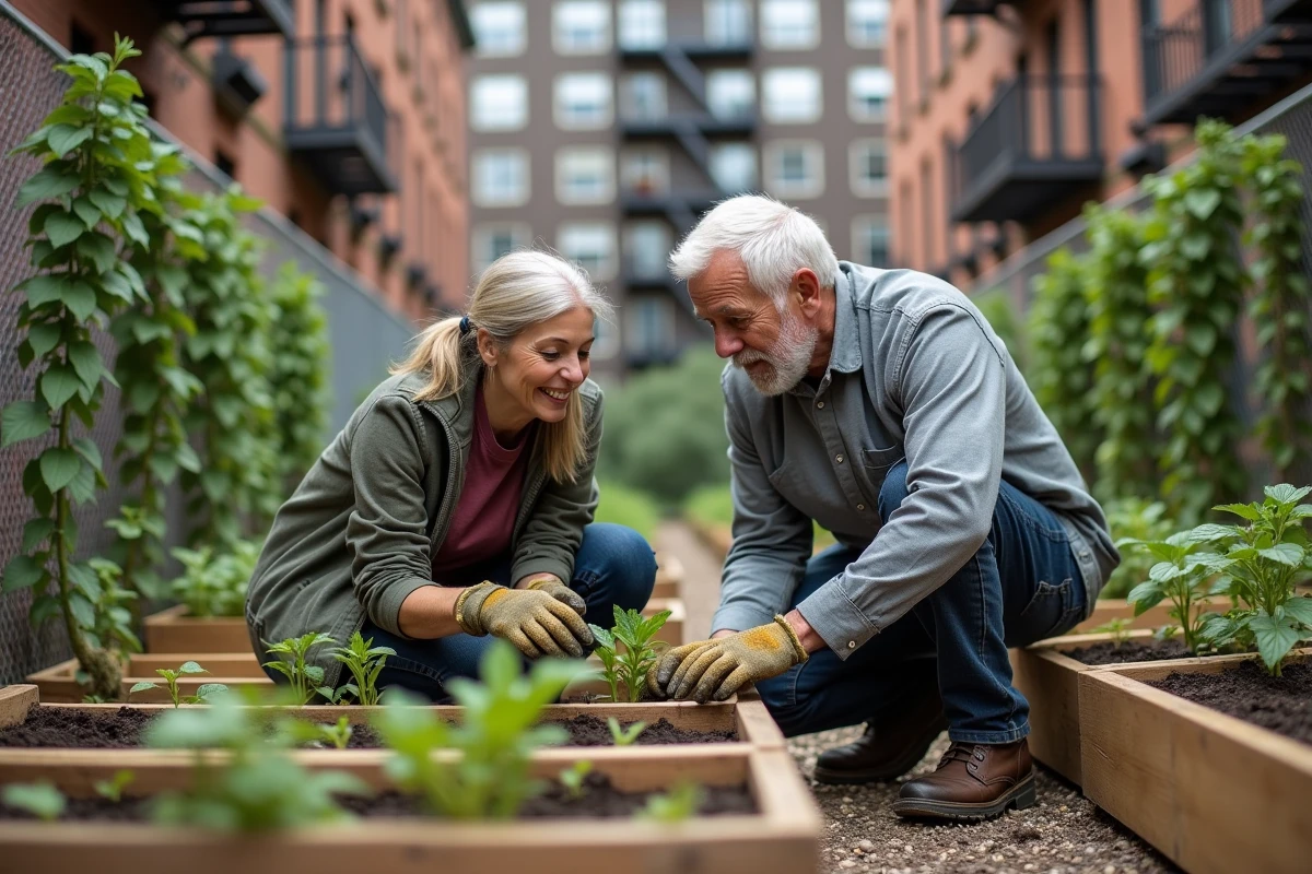 Deux voisins cultivant ensemble des plants dans un jardin communautaire urbain entre des immeubles d'appartements