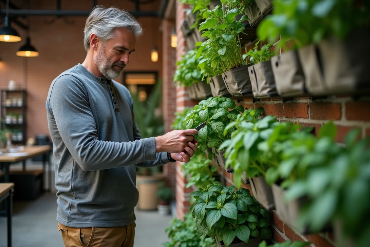 Homme entretenant un mur végétal d'herbes aromatiques dans un espace communautaire urbain aménagé en entrepôt