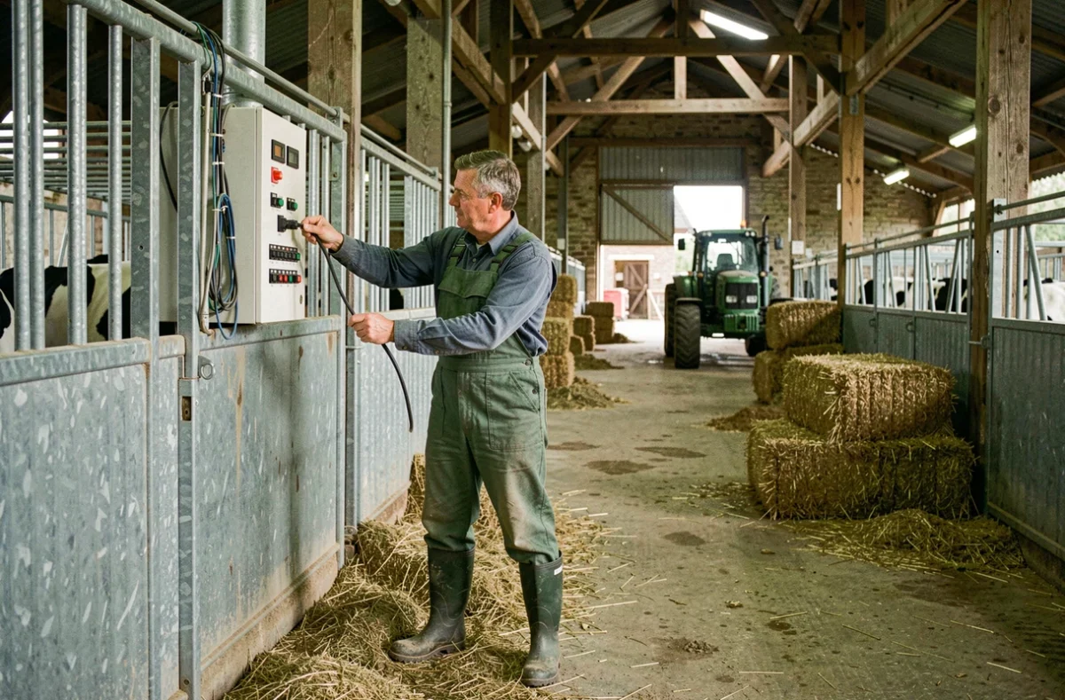 Électricien spécialisé Agrilec travaillant sur un panneau de contrôle électrique dans une ferme agricole bretonne