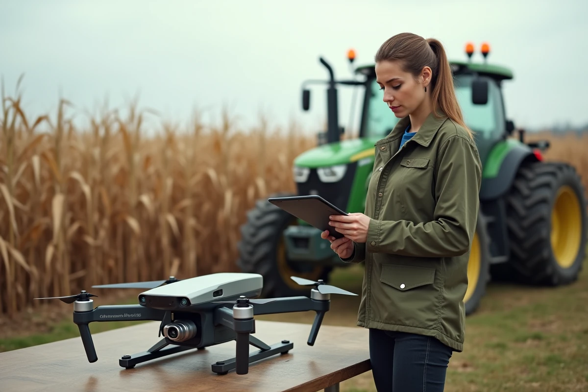 Agronome analysant des données de drone de précision en bordure d'un champ de maïs pour planifier l'agriculture de 2026