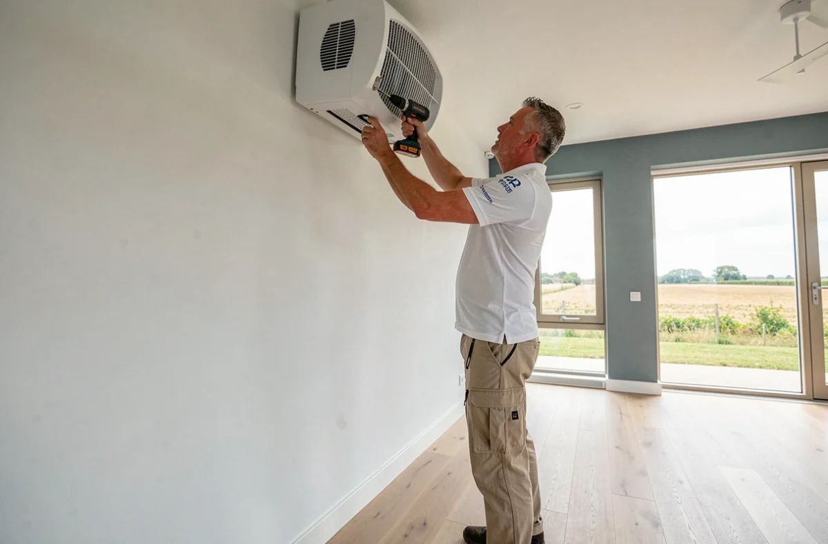 Technicien Airgine-mollé SARL installant une unité de ventilation sur un mur dans une maison vendéenne contemporaine