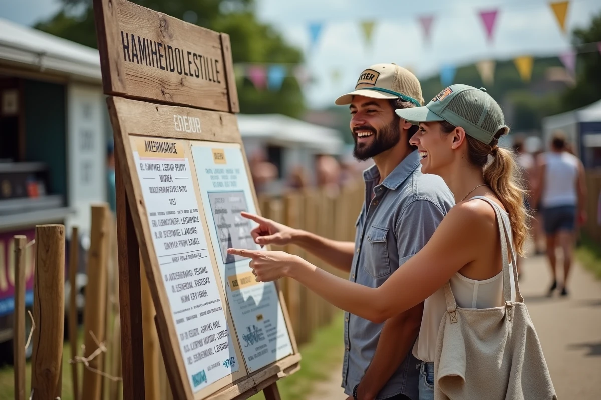 Deux amis regardant le programme et l'affiche des Vieilles Charrues pour choisir la meilleure journée