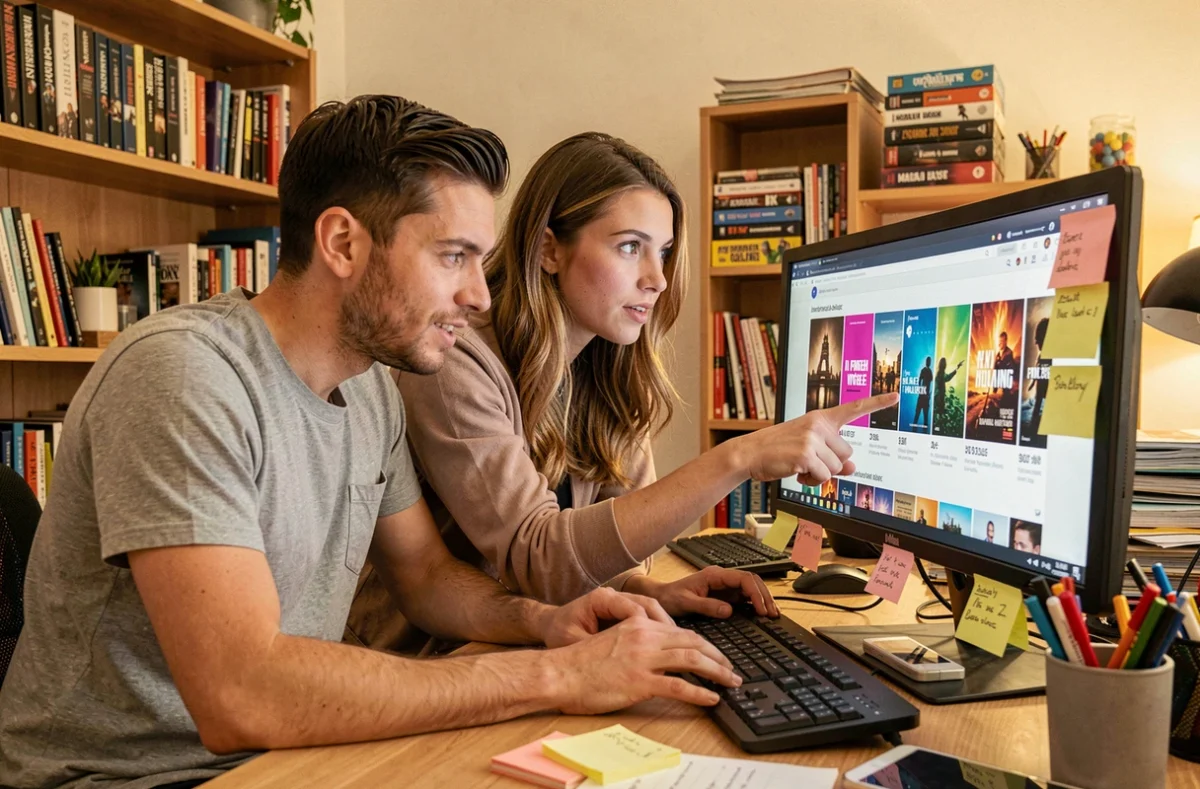 Deux amis cherchant ensemble la nouvelle adresse d'un site de films en streaming sur un ordinateur de bureau