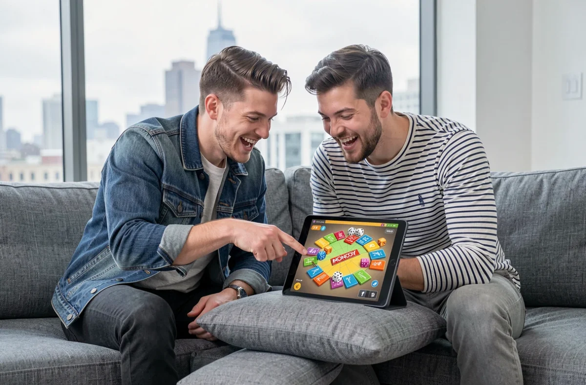 Deux amis partageant une session de jeu Monopoly GO sur tablette dans un salon moderne avec liens de dés actifs