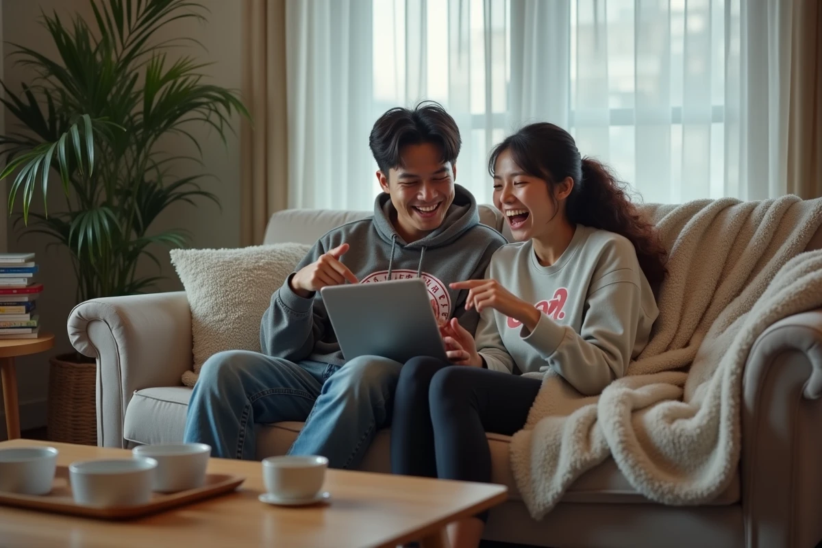 Deux amis partageant la lecture d'un scan One Piece sur tablette dans un salon convivial