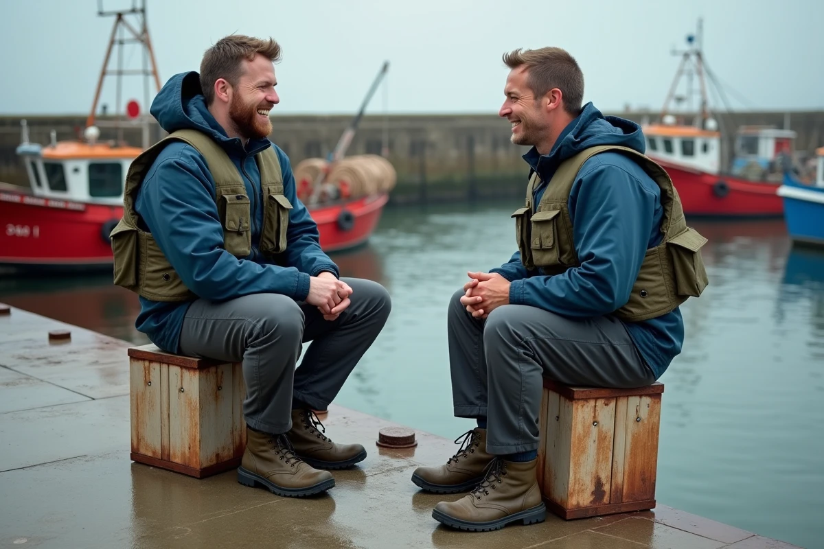 Deux amis pêchant ensemble assis sur un ponton du port du Guilvinec entourés de bateaux de pêche
