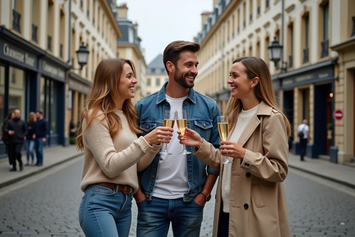 Groupe d'amis trinquant au champagne sur l'Avenue de Champagne à Épernay avec les façades des maisons de champagne en arrière-plan