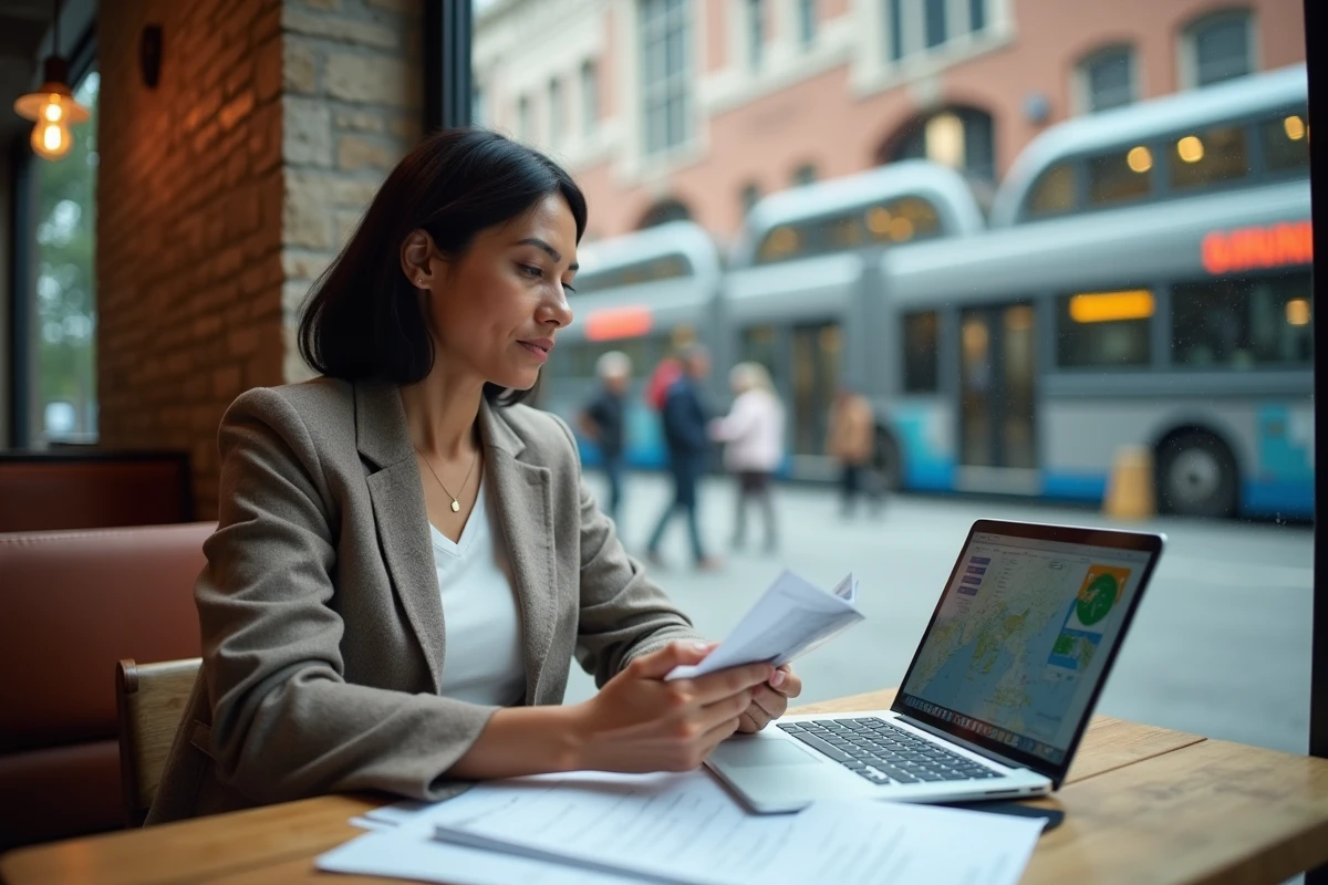 Femme analysant des données sur les mobilités humaines et les migrations dans un café urbain contemporain