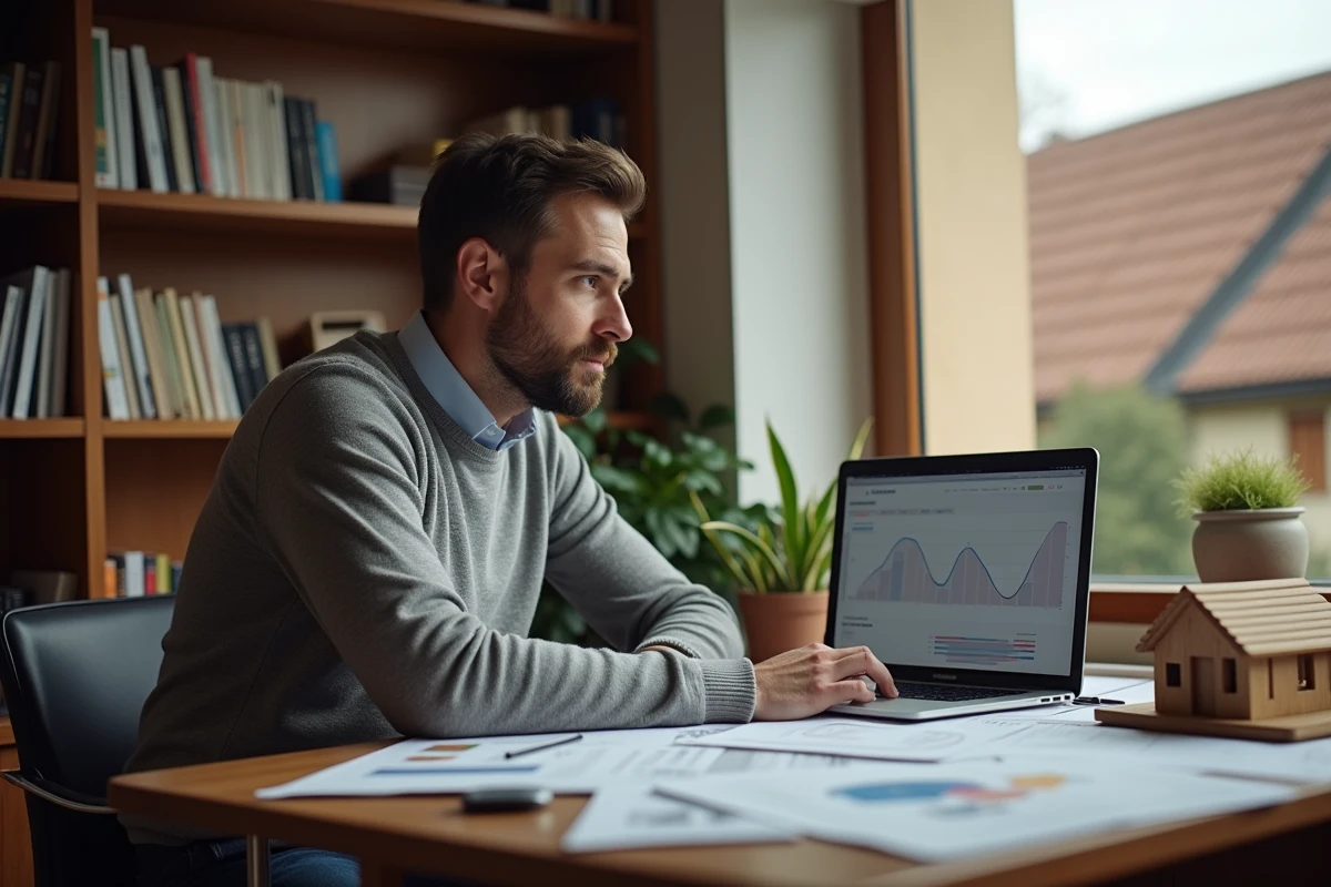 Homme analysant la rentabilité d'investissements immobiliers depuis un bureau à domicile