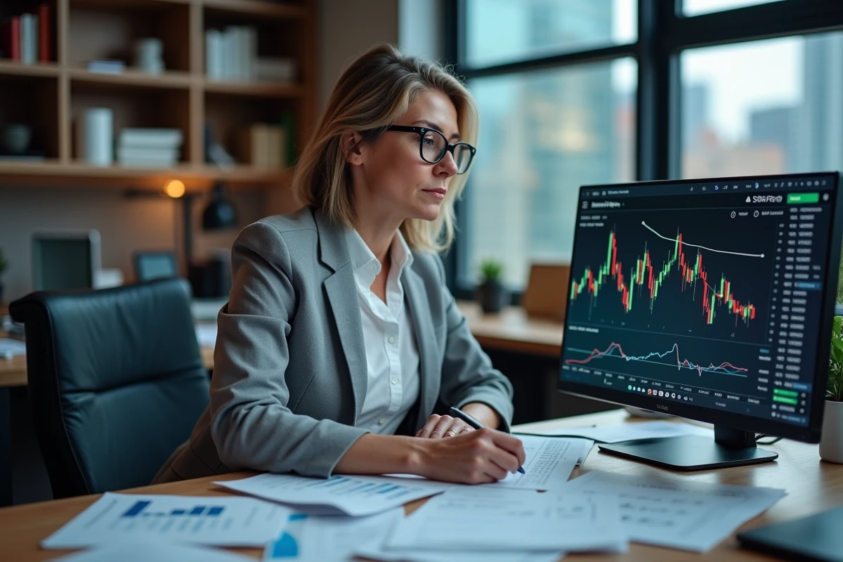 Analyste financière étudiant la chute boursière de Stellantis sur un écran affichant des graphiques en déclin