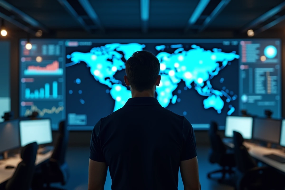 Analyste en sécurité informatique devant une carte de menaces cyber en temps réel dans un centre opérationnel