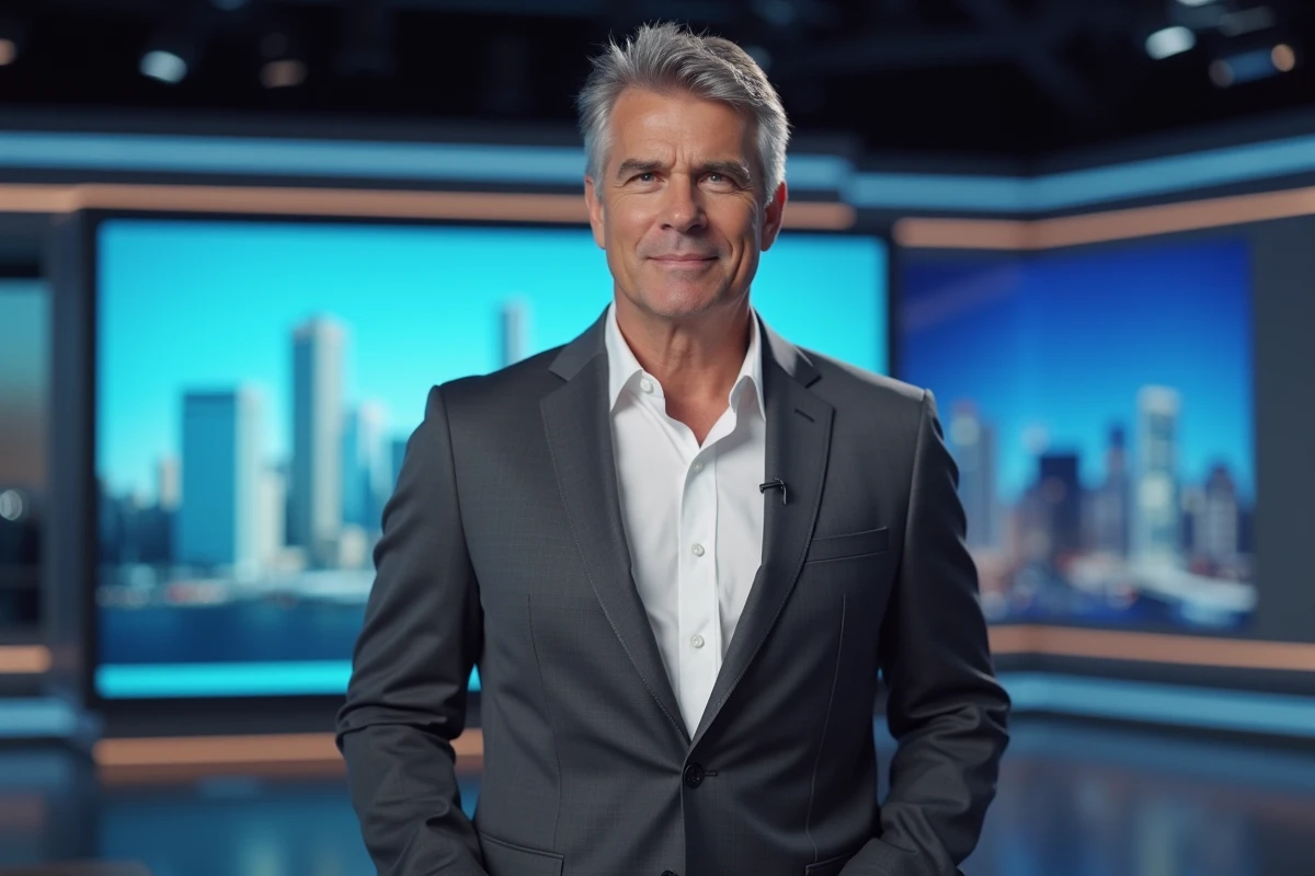 Animateur de journal télévisé debout devant un écran numérique dans un studio CNews moderne