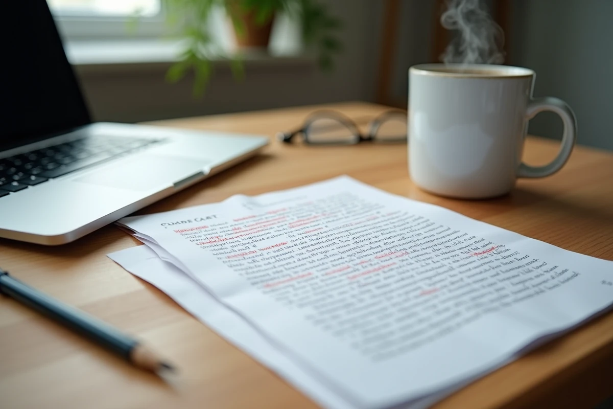 Bureau avec essai annoté à la main et ordinateur portable lors d'une session de détection de texte généré par ChatGPT
