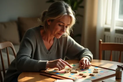 Femme arbitrant un mot contesté sur un plateau de Scrabble, consultant le dictionnaire officiel