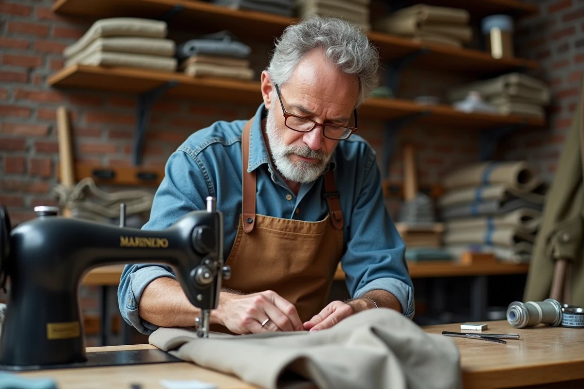 Artisan tailleur cousant un pantalon en laine biologique sur une machine à coudre dans un atelier de mode éthique