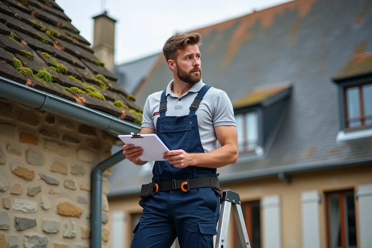 Artisan couvreur consultant un devis de réfection de toiture devant une maison de 100 m²