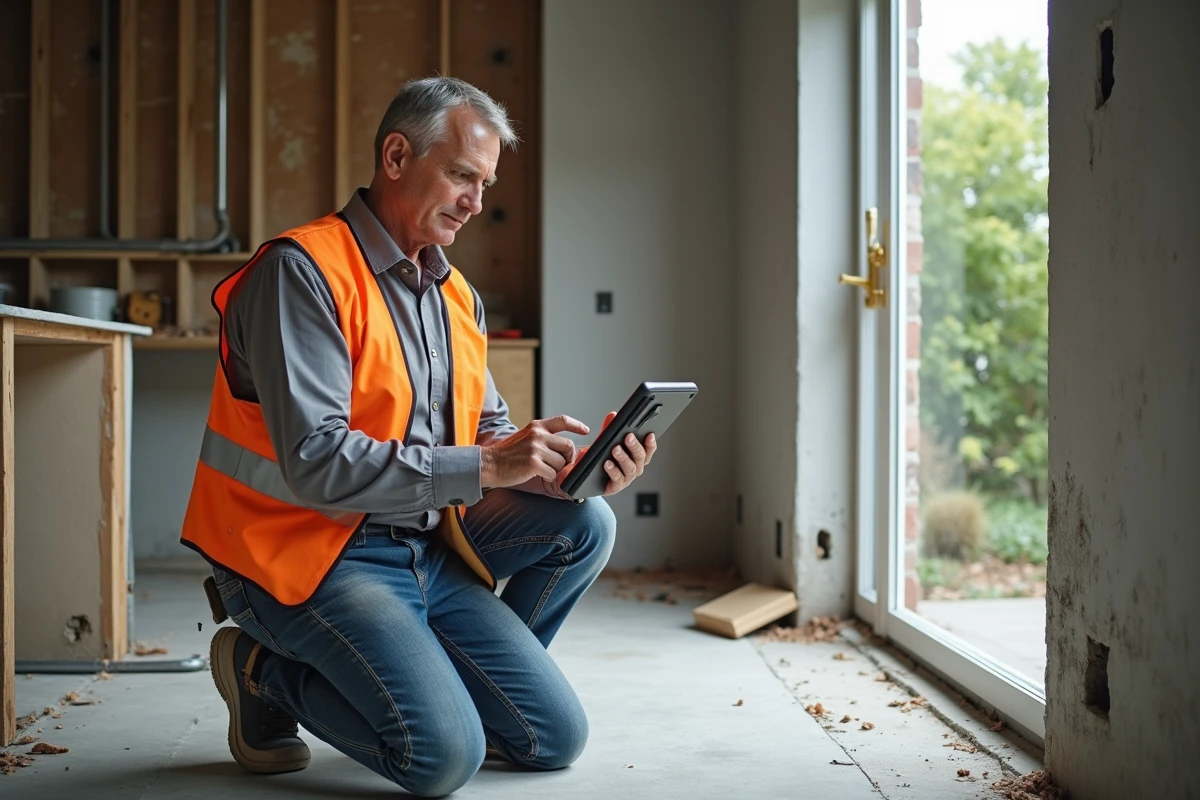 Artisan en gilet de sécurité consultant une tablette dans une cuisine entièrement déconstruite pour rénovation