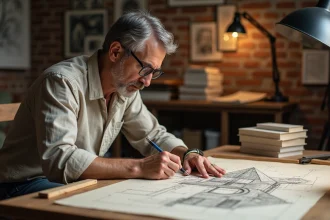 Artiste dessinant une illusion géométrique impossible dans un atelier style Escher avec des lithographies au mur