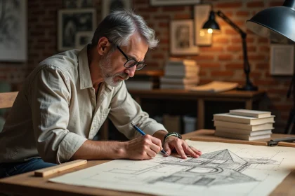 Artiste dessinant une illusion géométrique impossible dans un atelier style Escher avec des lithographies au mur
