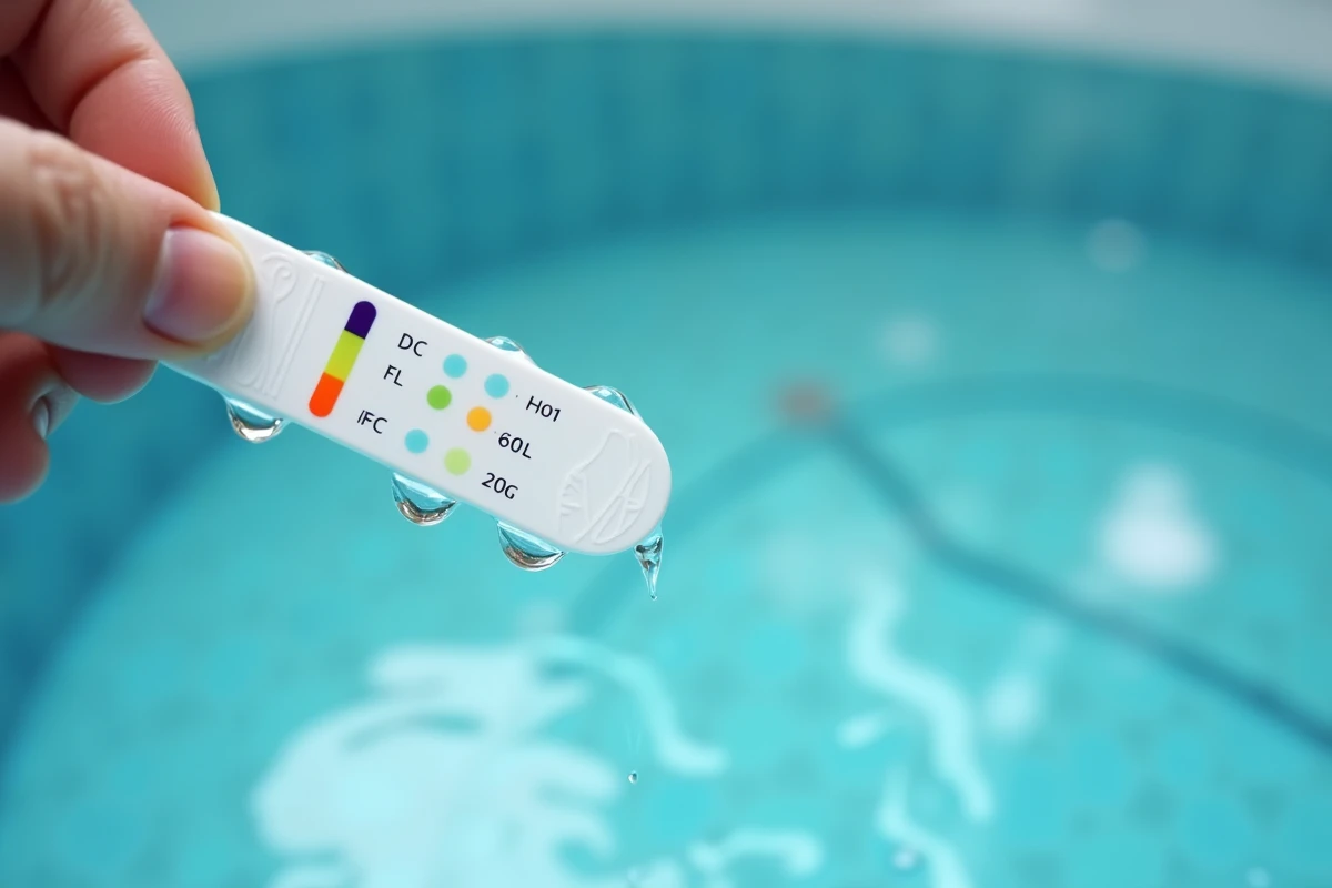 Bandelette de test de qualité de l'eau d'un spa tenue au-dessus du bassin
