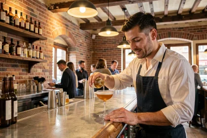 Barman préparant un cocktail au comptoir d'un bar en brique près du Capitole à Toulouse