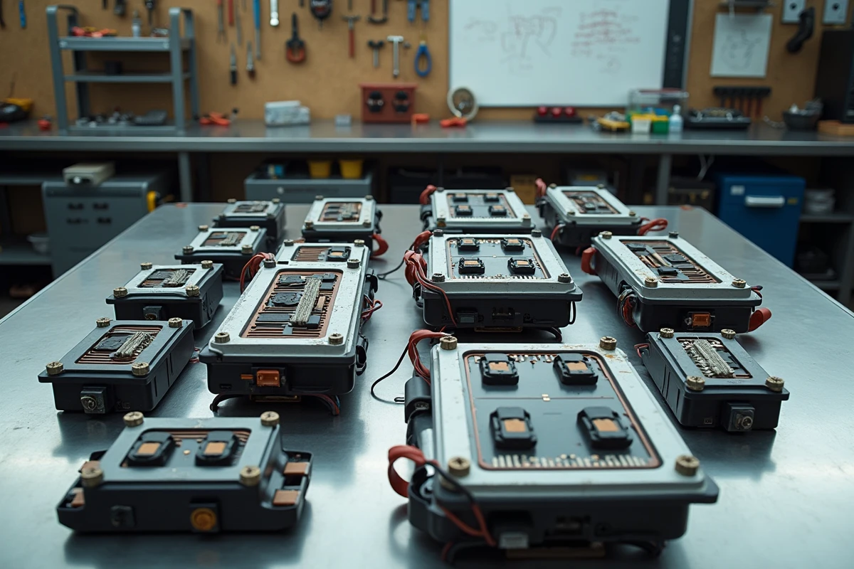 Pack batterie de véhicule électrique démonté sur une table d'atelier montrant les modules individuels et les connecteurs après plusieurs années d'utilisation