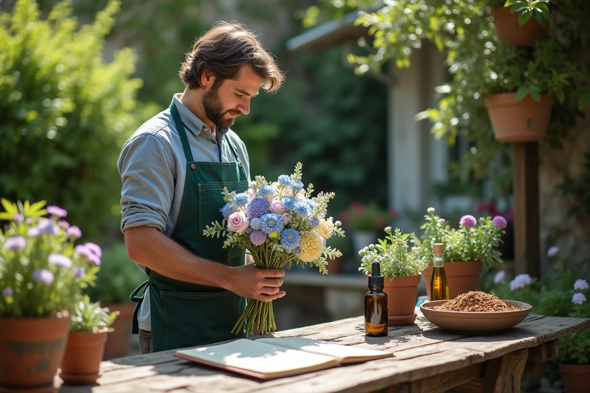 Homme arrangeant un bouquet de fleurs teintées naturellement dans un atelier de jardin en plein air avec des extraits botaniques