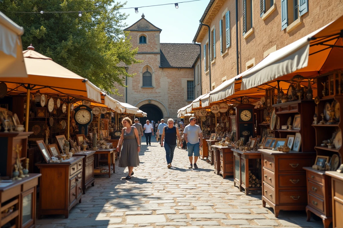 Vue panoramique d'une brocante dans une place de village en Lot-et-Garonne avec nombreux stands d'antiquités