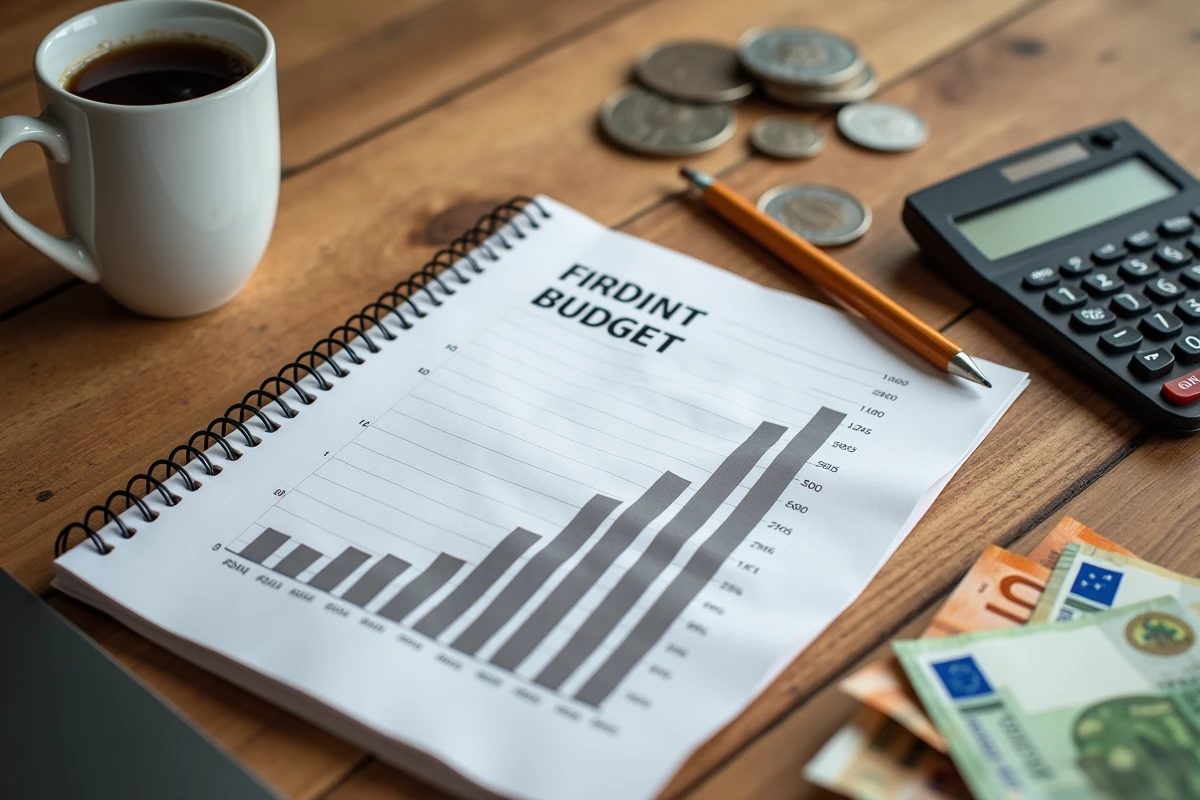 Vue aérienne d'un budget personnel avec billets en euros, calculatrice et graphique d'inflation sur une table en bois