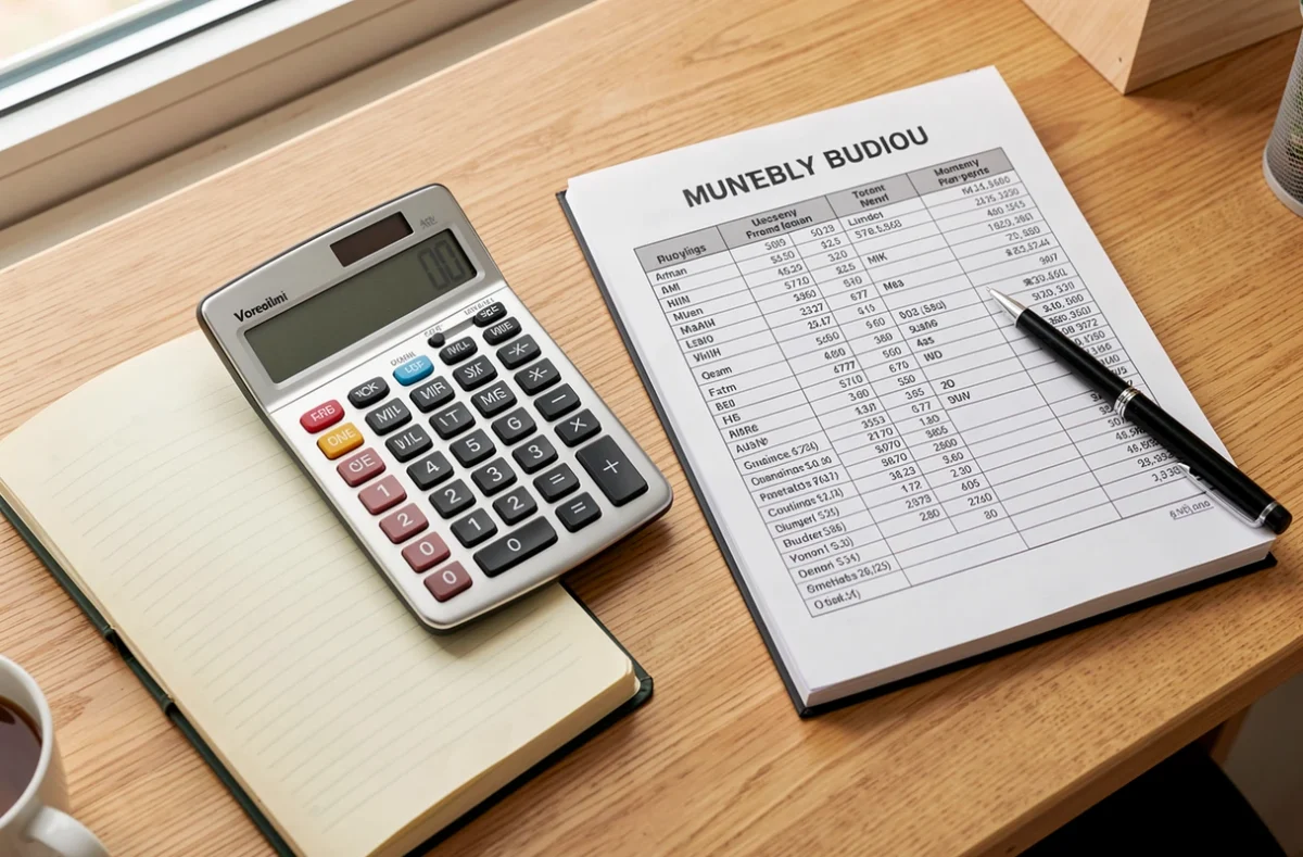 Bureau avec calculatrice et budget mensuel pour calculer ses aides