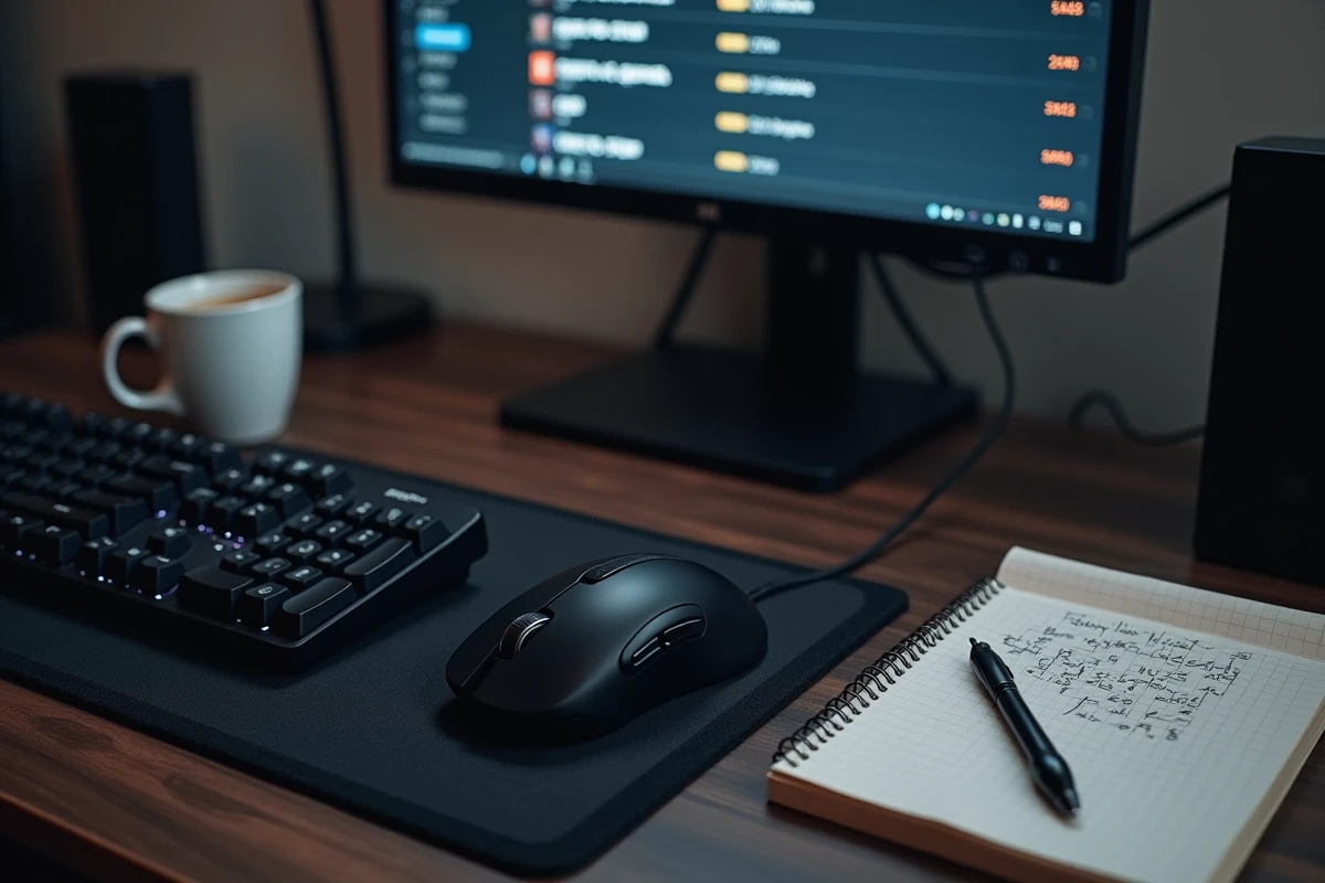 Bureau gaming avec clavier mécanique et écran affichant les heures de jeu de plusieurs comptes League of Legends