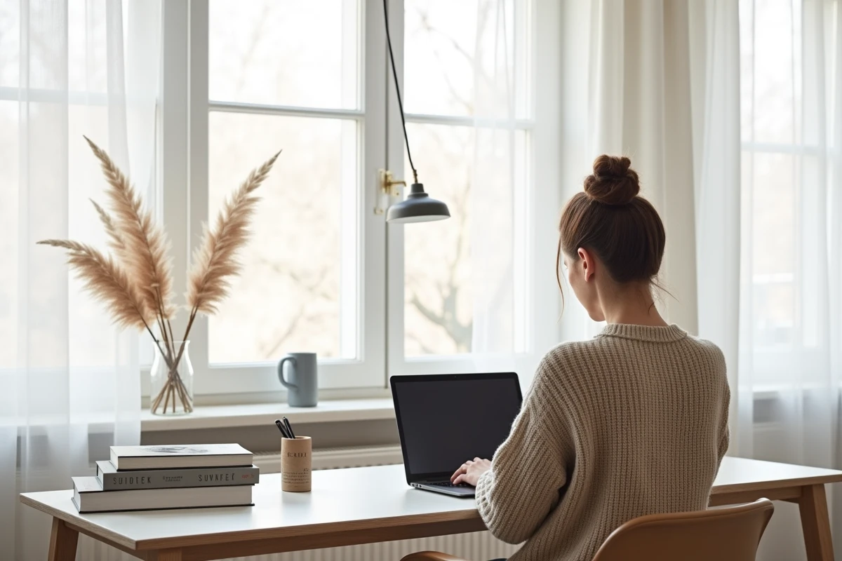 Femme travaillant dans un bureau à domicile de style scandinave avec bureau en frêne blanc, rideau en lin et décoration naturelle épurée