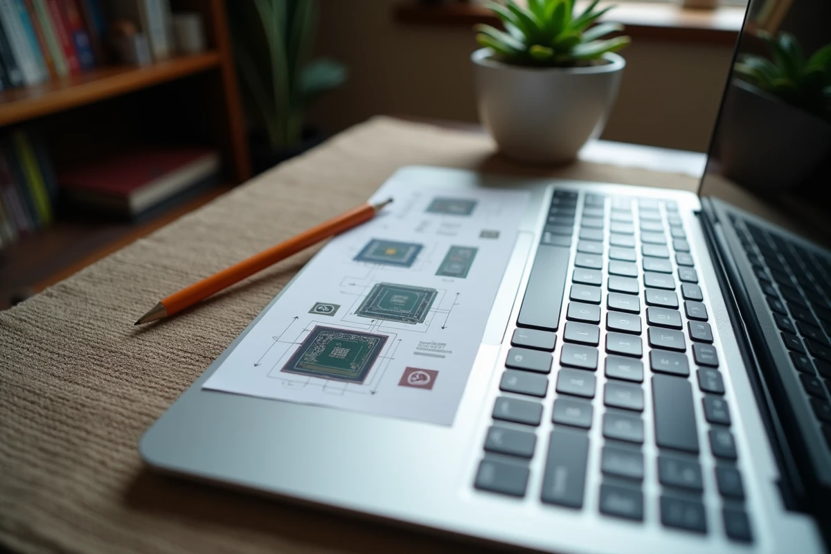 Vue en plongée d'un bureau minimaliste avec laptop et schéma d'architecture du processeur M4 Apple