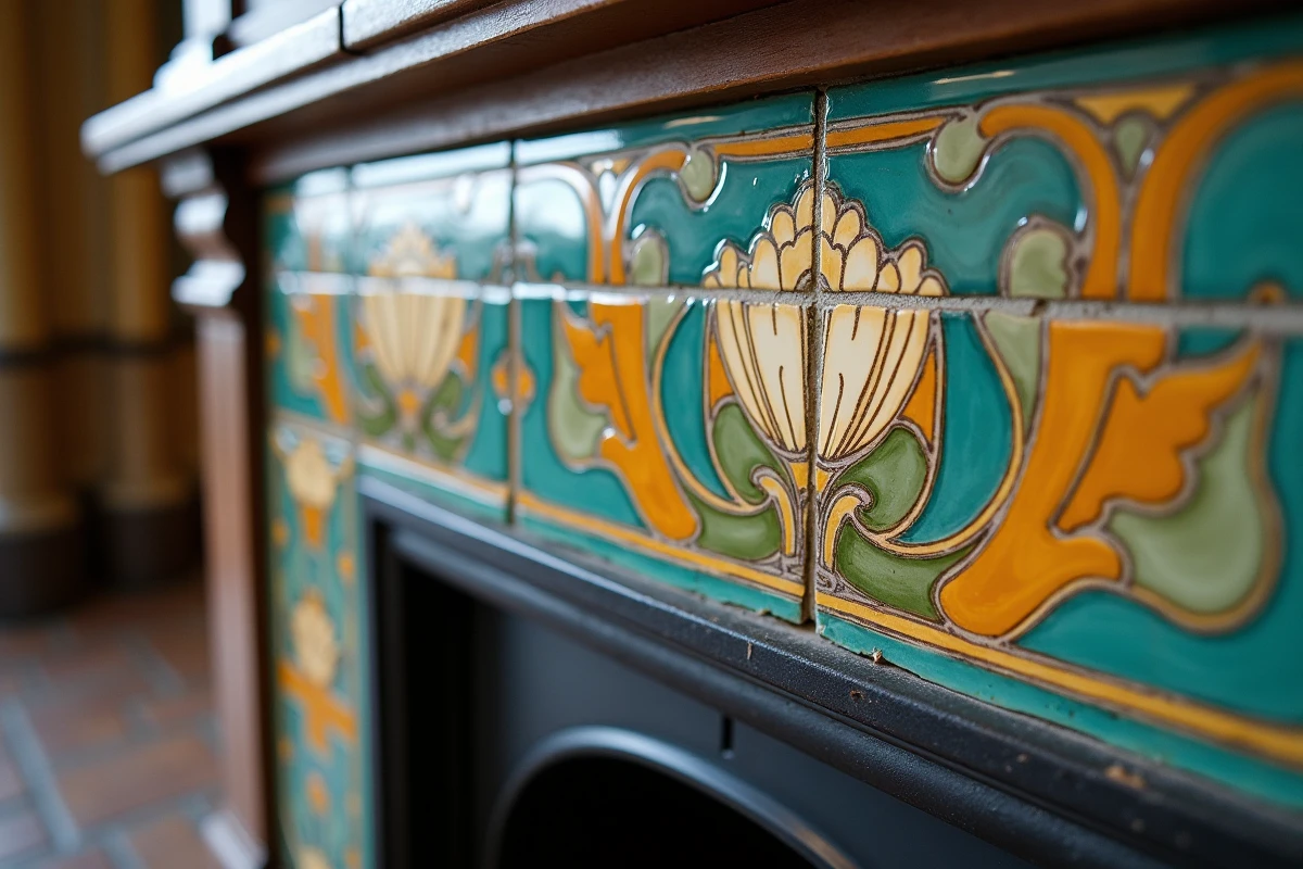 Carreaux céramique Art nouveau en glaçure paon, ocre et prune sur un entourage de cheminée ancienne restaurée