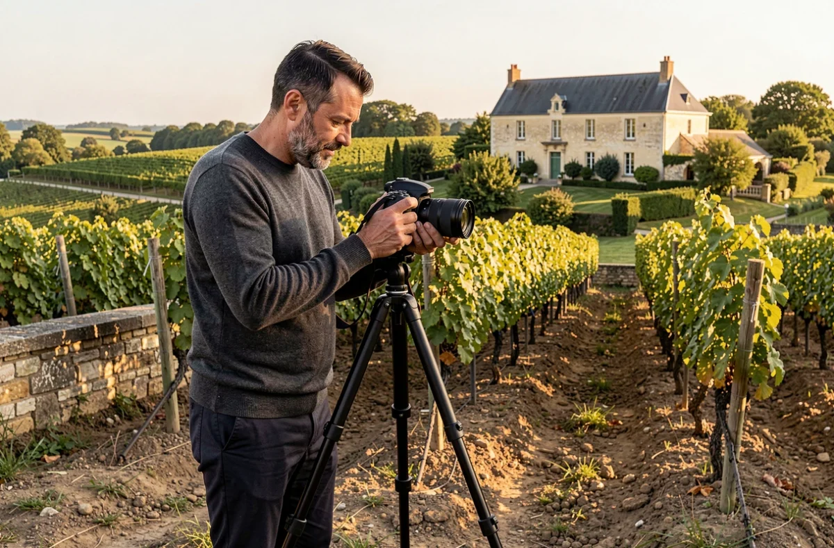Photographe Castanier dans un vignoble de la Vallée de la Loire, ajustant son appareil photo sur trépied devant un domaine viticole en tuffeau