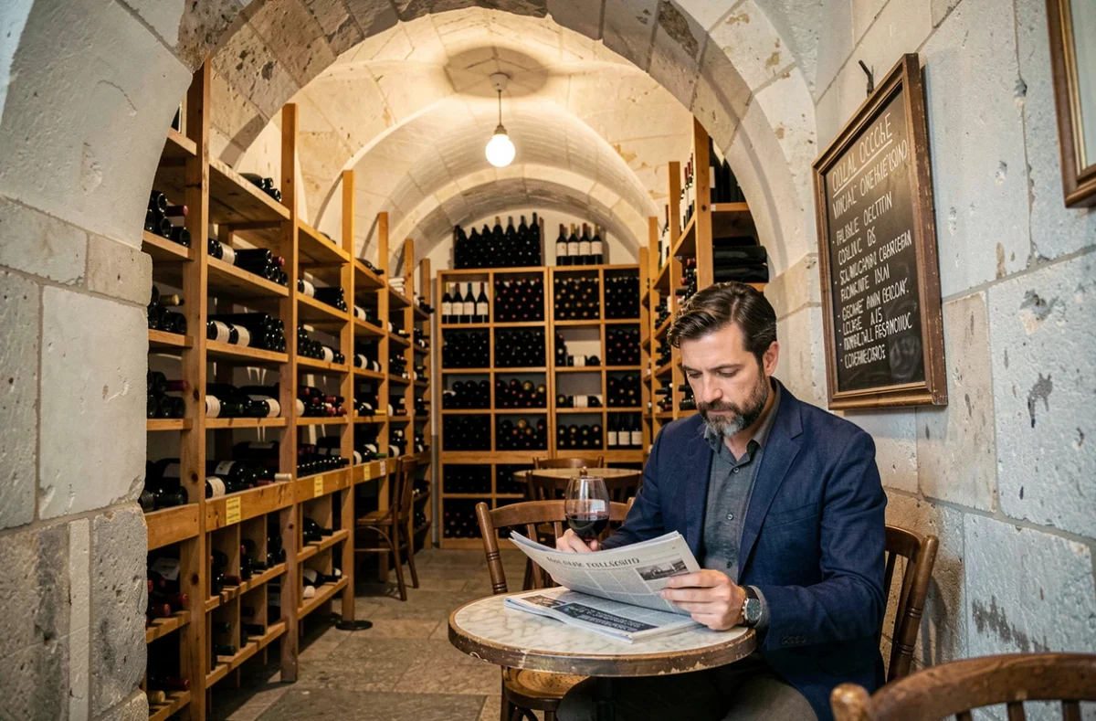 Cave à vins intimiste avec voûtes en pierre dans un bar du centre historique de Toulouse