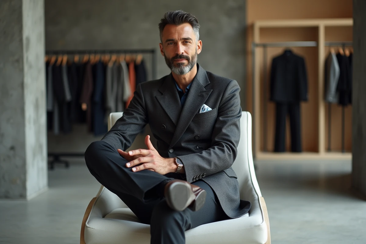 Homme en costume double boutonnage charbon assis en coulisses lors d'une semaine de la mode, style icône masculine