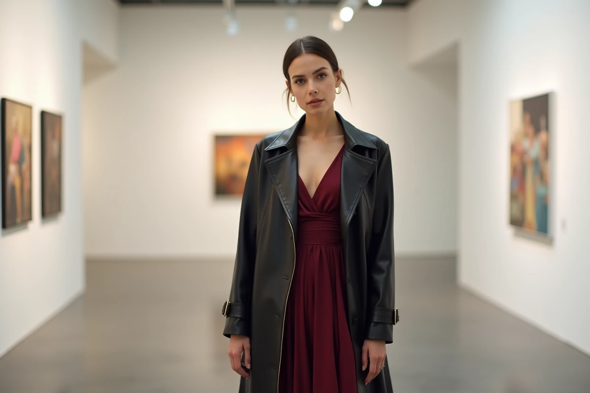 Femme en trench coat en cuir noir et robe en soie bordeaux dans une galerie d'art moderne, portrait mode avant-gardiste