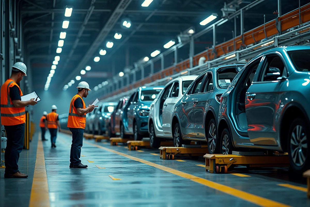 Chaîne de montage automobile à l'arrêt dans une usine Stellantis, illustrant les difficultés de production