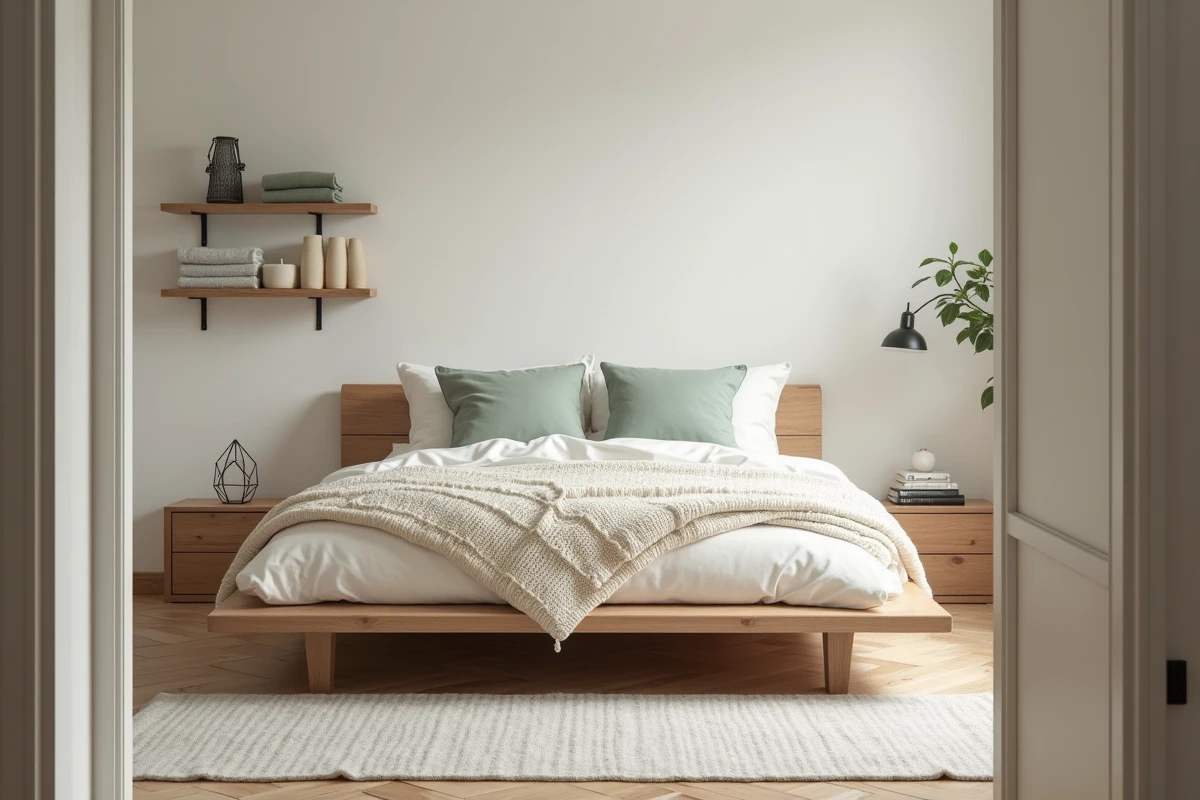 Chambre scandinave avec lit en bois bas, jeté en laine tricotée, parquet en chêne et décoration naturelle aux tons neutres