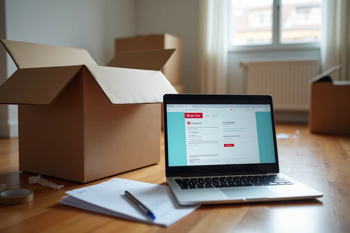 Ordinateur portable ouvert sur le site de changement d'adresse La Poste lors d'un déménagement