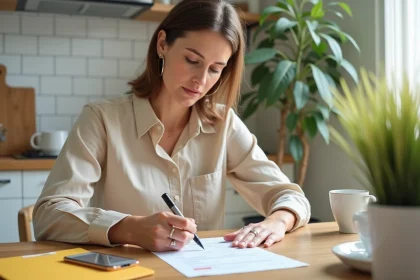Femme remplissant un formulaire de changement d'adresse La Poste à la maison