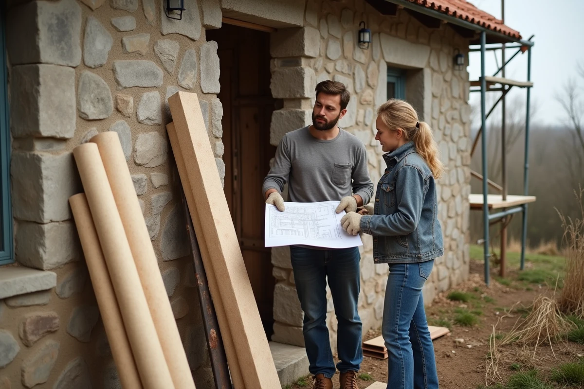 Deux artisans examinant des panneaux d'isolation en fibre de bois naturelle sur un chantier de rénovation écologique